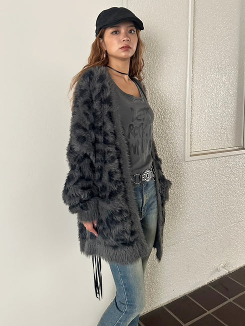 レオパード柄シャギーニットカーディガン